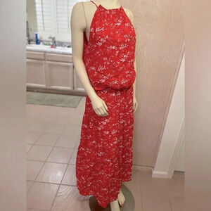 BY THE RIVER TWO PIECE HALTER TOP MAXI SKIRT FLORAL SET IN RED/ WHITE SIZE M